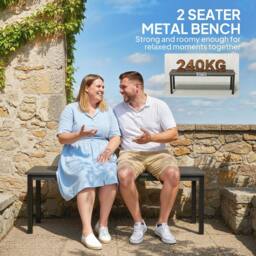 OUTSUNNY Metal Garden Bench Loveseat with Wood-Effect Slatted Seat, Grey - Size: 2 Seater - thumbnail 5
