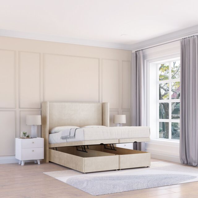 Sloomy Devonshire Plush Fabric Ottoman Bed End Opening With Sprung Memory Mattress & 54 Inch Floorstanding Headboard With Wings - Size: Super King - image 1