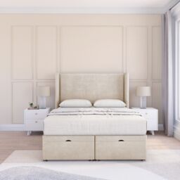 Sloomy Devonshire Plush Fabric Ottoman Bed End Opening With Sprung Memory Mattress & 54 Inch Floorstanding Headboard With Wings - Size: Super King - thumbnail 2