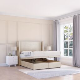 Sloomy Devonshire Plush Fabric Ottoman Bed End Opening With Sprung Memory Mattress & 54 Inch Floorstanding Headboard With Wings - Size: Super King