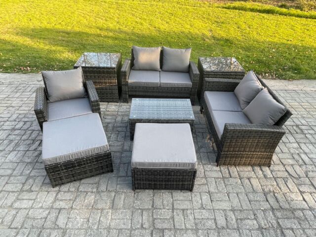 Fimous Rattan Garden Furniture Set 7 Seater Patio Outdoor Lounge Sofa Chair Set with Rectangular Coffee Table 2 Big Footstool 2 Side Tables
