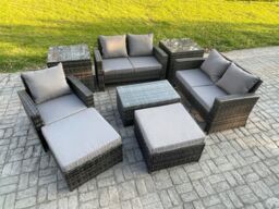 Fimous Rattan Garden Furniture Set 7 Seater Patio Outdoor Lounge Sofa Chair Set with Rectangular Coffee Table 2 Big Footstool 2 Side Tables - thumbnail 2