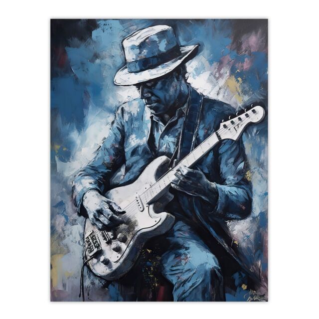 "Artery8 Wall Art Print Guitarist Playing The Blues Oil Painting Musician Portrait Playing Electric Guitar Music Poster in Blue - Size: W18"" x H24""" - image 1