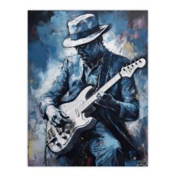 "Artery8 Wall Art Print Guitarist Playing The Blues Oil Painting Musician Portrait Playing Electric Guitar Music Poster in Blue - Size: W18"" x H24""" - thumbnail 1