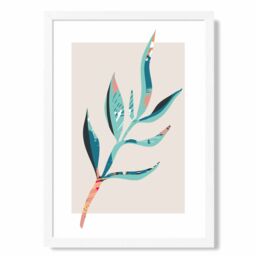 ARTZE Papyrus Leaf Blue & Pink Boho Botanical Framed Print SIZE: A4 with White Frame in Mid Blue - thumbnail 1
