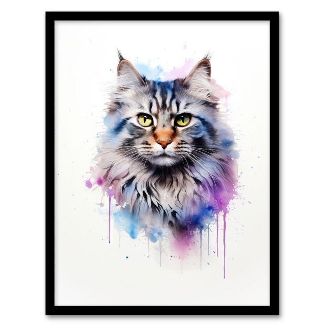 "Artery8 Wall Art Print Siberian Cat Lovers Gift Watercolour Pet Portrait Painting Artwork Art Framed - Size: W12"" x H16""" - image 1