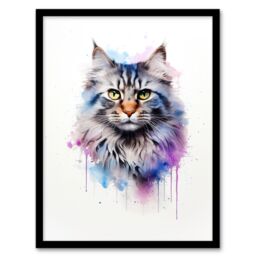 "Artery8 Wall Art Print Siberian Cat Lovers Gift Watercolour Pet Portrait Painting Artwork Art Framed - Size: W12"" x H16""" - thumbnail 1