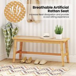 FORGEVIO Bamboo Dining Bench with Handwoven Rattan Seat in Natural - Size: 0.6m2 - thumbnail 6