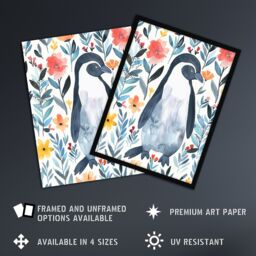 "Artery8 Shy Penguin in Flower Garden Bright Floral Framed Wall Art in Blue - Size: W12"" x H16""" - thumbnail 2