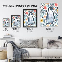 "Artery8 Shy Penguin in Flower Garden Bright Floral Framed Wall Art in Blue - Size: W12"" x H16""" - thumbnail 3
