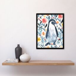 "Artery8 Shy Penguin in Flower Garden Bright Floral Framed Wall Art in Blue - Size: W12"" x H16""" - thumbnail 4