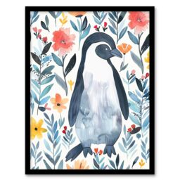 "Artery8 Shy Penguin in Flower Garden Bright Floral Framed Wall Art in Blue - Size: W12"" x H16""" - thumbnail 1