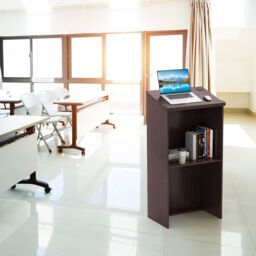 Costway Podium Stand 117cm Hostess Stand for Speakers w/Storage Shelf in Brown - thumbnail 9