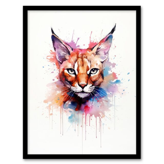 "Artery8 Wall Art Print Caracal Cat Lovers Gift Watercolour Pet Portrait Painting Artwork Art Framed - Size: W12"" x H16""" - image 1