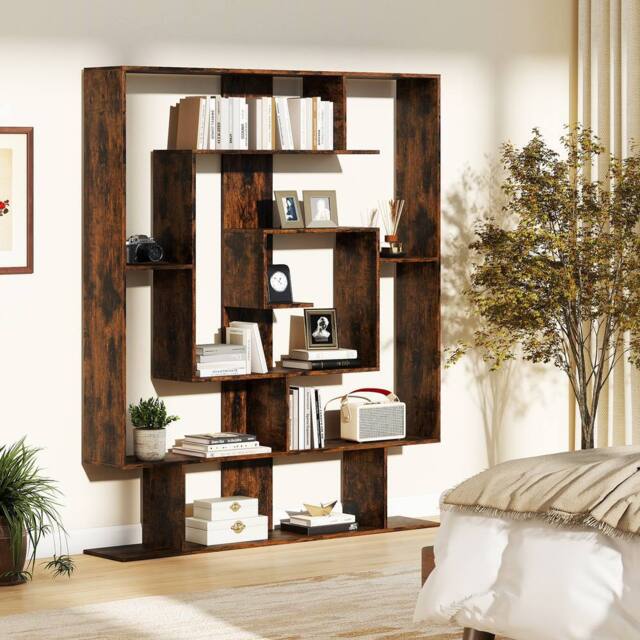 Gymax Geometric Bookshelf 7-Bookcase With 2 Anti-Tipping Kits Open Shelves in Brown - image 1