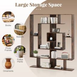Gymax Geometric Bookshelf 7-Bookcase With 2 Anti-Tipping Kits Open Shelves in Brown - thumbnail 5