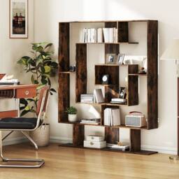 Gymax Geometric Bookshelf 7-Bookcase With 2 Anti-Tipping Kits Open Shelves in Brown - thumbnail 9