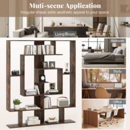 Gymax Geometric Bookshelf 7-Bookcase With 2 Anti-Tipping Kits Open Shelves in Brown - thumbnail 4