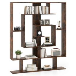 Gymax Geometric Bookshelf 7-Bookcase With 2 Anti-Tipping Kits Open Shelves in Brown - thumbnail 2
