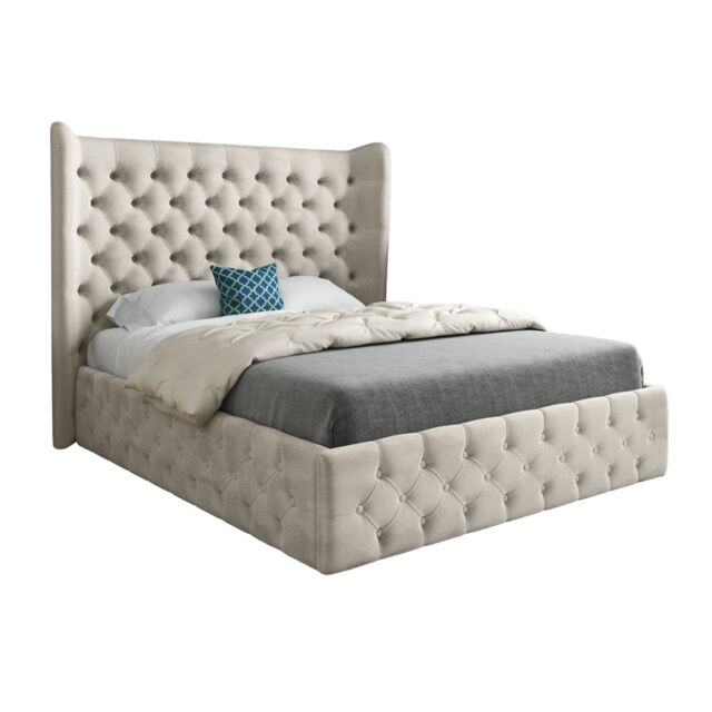 KDMD Dreamer Wide Winged Upholstered Soft Velvet Designer Bed Frame in Cream - Size: Small Single - image 1