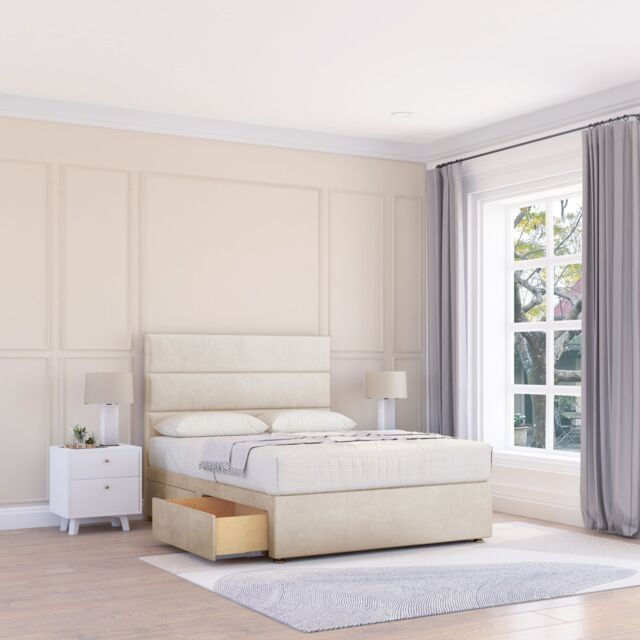 Sloomy Texas Plush Velvet Memory Foam Bed Set With No Drawers, Mattress & Headboard in Cream - Size: Double - image 1