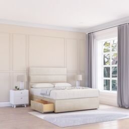 Sloomy Texas Plush Velvet Memory Foam Bed Set With No Drawers, Mattress & Headboard in Cream - Size: Double - thumbnail 1