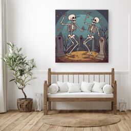 "Warren Reed - Designer Dancing Skeletons In A Graveyard Canvas in Black - Size: W30"" x H30""" - thumbnail 1