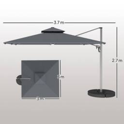 OUTSUNNY Garden Cantilever Parasol, Patio Umbrella w/ Solar LED Lights, Grey - thumbnail 3