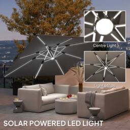 OUTSUNNY Garden Cantilever Parasol, Patio Umbrella w/ Solar LED Lights, Grey - thumbnail 4