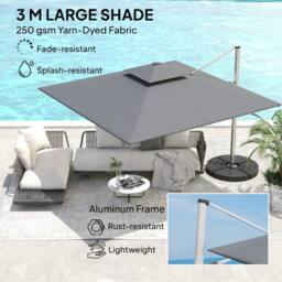 OUTSUNNY Garden Cantilever Parasol, Patio Umbrella w/ Solar LED Lights, Grey - thumbnail 5