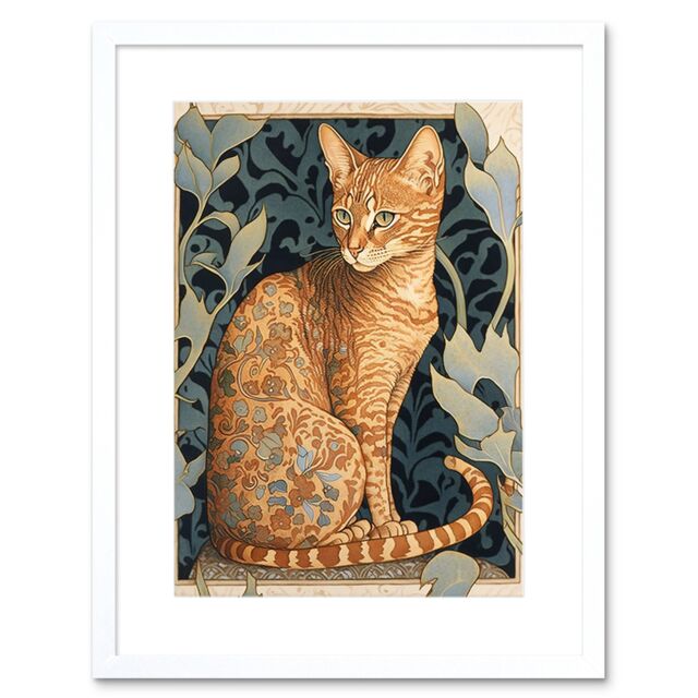 "Artery8 Wall Art Print Ocicat Cat with Flower Pattern Fur Coat Art Nouveau Watercolour Artwork Framed 9X7 Inch in White - Size: W7"" x H9""" - image 1