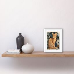 "Artery8 Wall Art Print Ocicat Cat with Flower Pattern Fur Coat Art Nouveau Watercolour Artwork Framed 9X7 Inch in White - Size: W7"" x H9""" - thumbnail 2