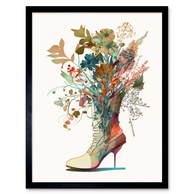 "Artery8 Wall Art Print Wildflower Bouquet in a Stiletto Heel Combat Boot Art Framed in Black - Size: W12"" x H16""" - image 1