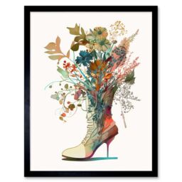 "Artery8 Wall Art Print Wildflower Bouquet in a Stiletto Heel Combat Boot Art Framed in Black - Size: W12"" x H16""" - thumbnail 1