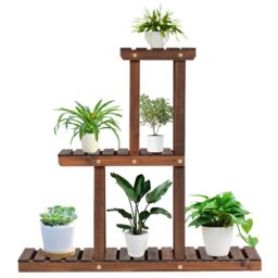 Costway Solid Wood Plant Stand 3-Tier Plant Pot Holder for Indoor & Outdoor in Brown
