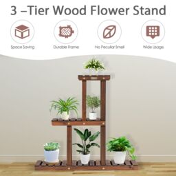 Costway Solid Wood Plant Stand 3-Tier Plant Pot Holder for Indoor & Outdoor in Brown - thumbnail 4