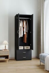 Living and Home Modern 2-Door Wardrobe with 2 Drawers in Black - thumbnail 4