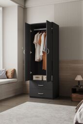 Living and Home Modern 2-Door Wardrobe with 2 Drawers in Black - thumbnail 2