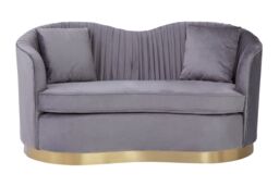 Orsina Two‑Seat Pleated Grey Velvet Sofa, Luxurious Grey Velvet 2‑Seater with Pleated Back & Gold‑Finish Base - thumbnail 1