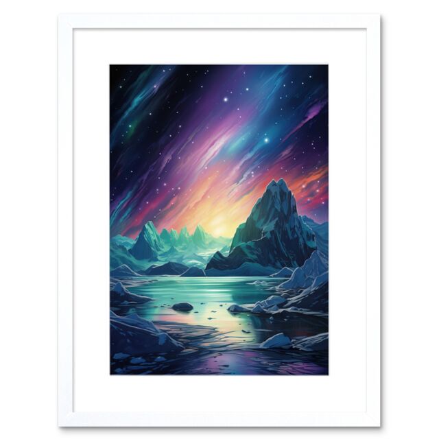 Artery8 Wall Art Print Purple Aurora Borealis Dawn in Antarctica Oil Painting Blue Green Enchanting Arctic Ice Fantasy Landscape Artwork Framed 9X7 - image 1