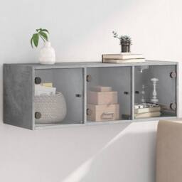 Berkfield Home Wall Cabinet with Glass Doors Concrete Grey 102x37x35 cm - Size: 102 x 37 x 35 cm - thumbnail 2