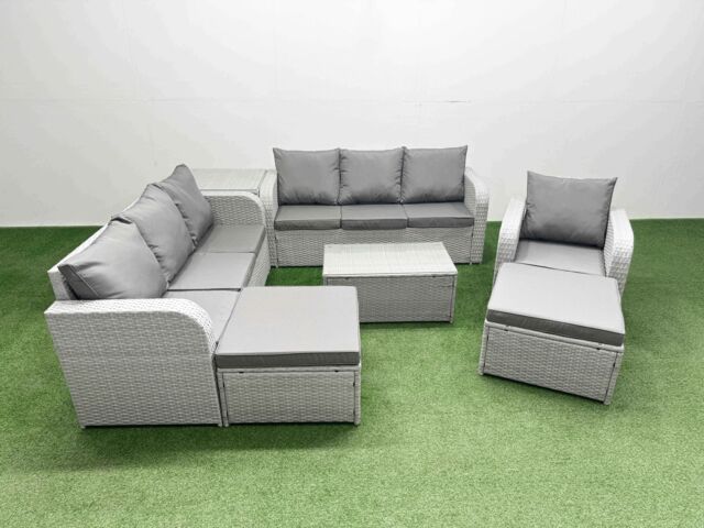 Fimous 9 Seater Poly Rattan Outdoor Garden Furniture Sofa Set Patio 3 Seater Sofa Reclining Chair 3 Seater Sofa 2 Big Footstools Side Table Light Grey - image 1