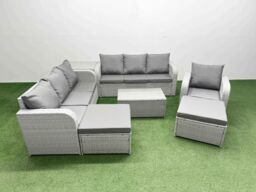 Fimous 9 Seater Poly Rattan Outdoor Garden Furniture Sofa Set Patio 3 Seater Sofa Reclining Chair 3 Seater Sofa 2 Big Footstools Side Table Light Grey - thumbnail 1