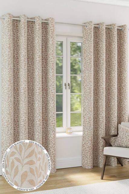 Enhanced Living Sherwood' Natural 100% Blackout, Thermal, Jacquard Leaf Design Pair of Eyelet Curtains - Size: 229 cm width x 183 cm drop - image 1