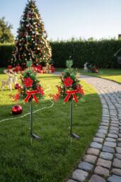 Living and Home 2Pcs Pre-Lit Artificial Christmas Tree Urn Filler with Flower & Bow - thumbnail 1
