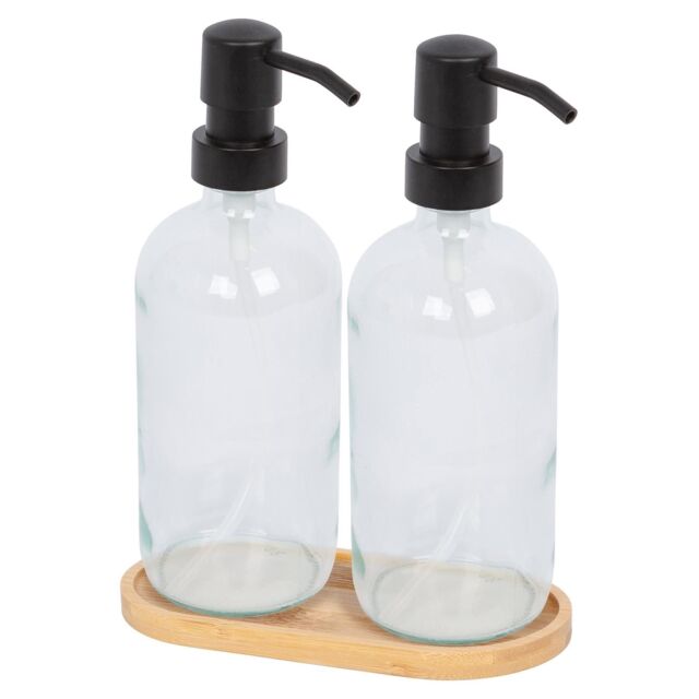 Harbour Housewares 2pc Glass Soap Dispenser Set with Bamboo Tray in Clear - image 1