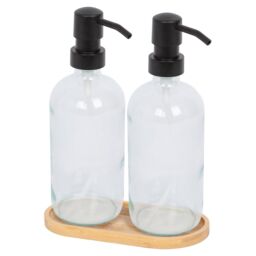 Harbour Housewares 2pc Glass Soap Dispenser Set with Bamboo Tray in Clear