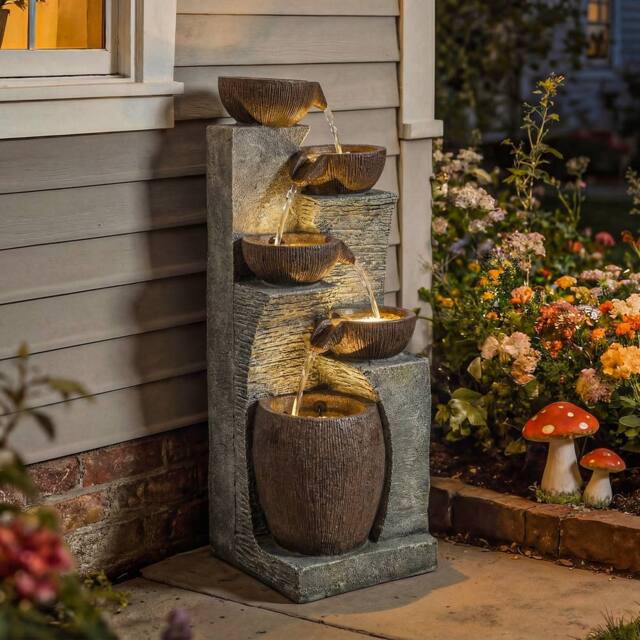 OUTSUNNY Outdoor Fountain, Resin Freestanding Garden Fountain in Grey