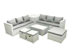 Fimous Garden Outdoor PE Rattan Furniture Set 9 Seater Rattan Garden Sofa Set with 3 Footstools Side Table Light Grey Mixed - thumbnail 1