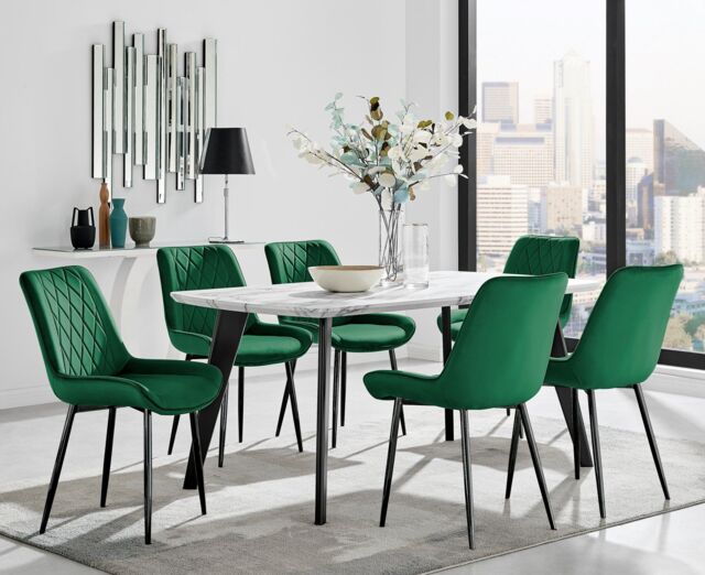 FurnitureboxUK Andria White Marble Effect & Black Leg 6 Seater Dining Table & 6 Pesaro Soft Velvet Chairs in Green - image 1